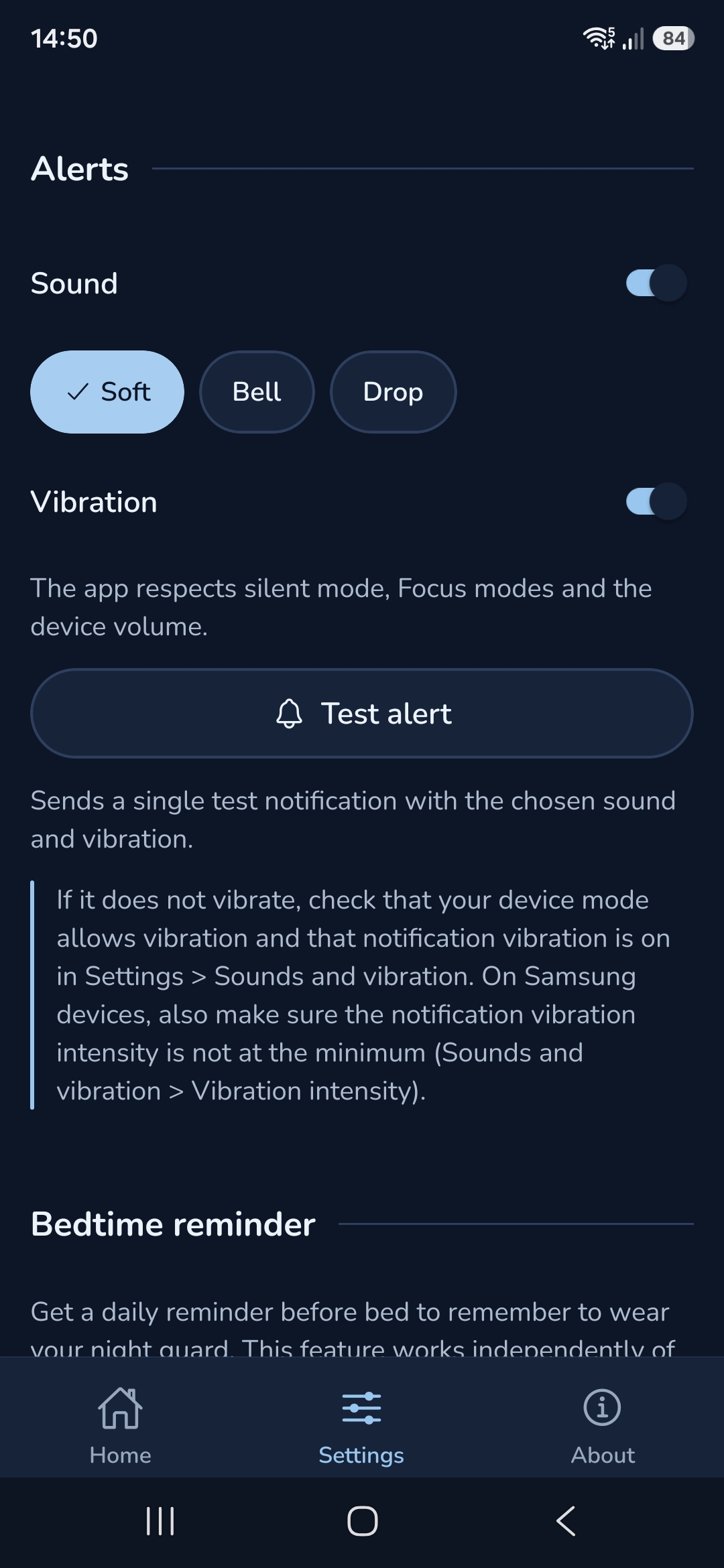 Alert settings: Soft sound selected, vibration on and a button to test the alert.