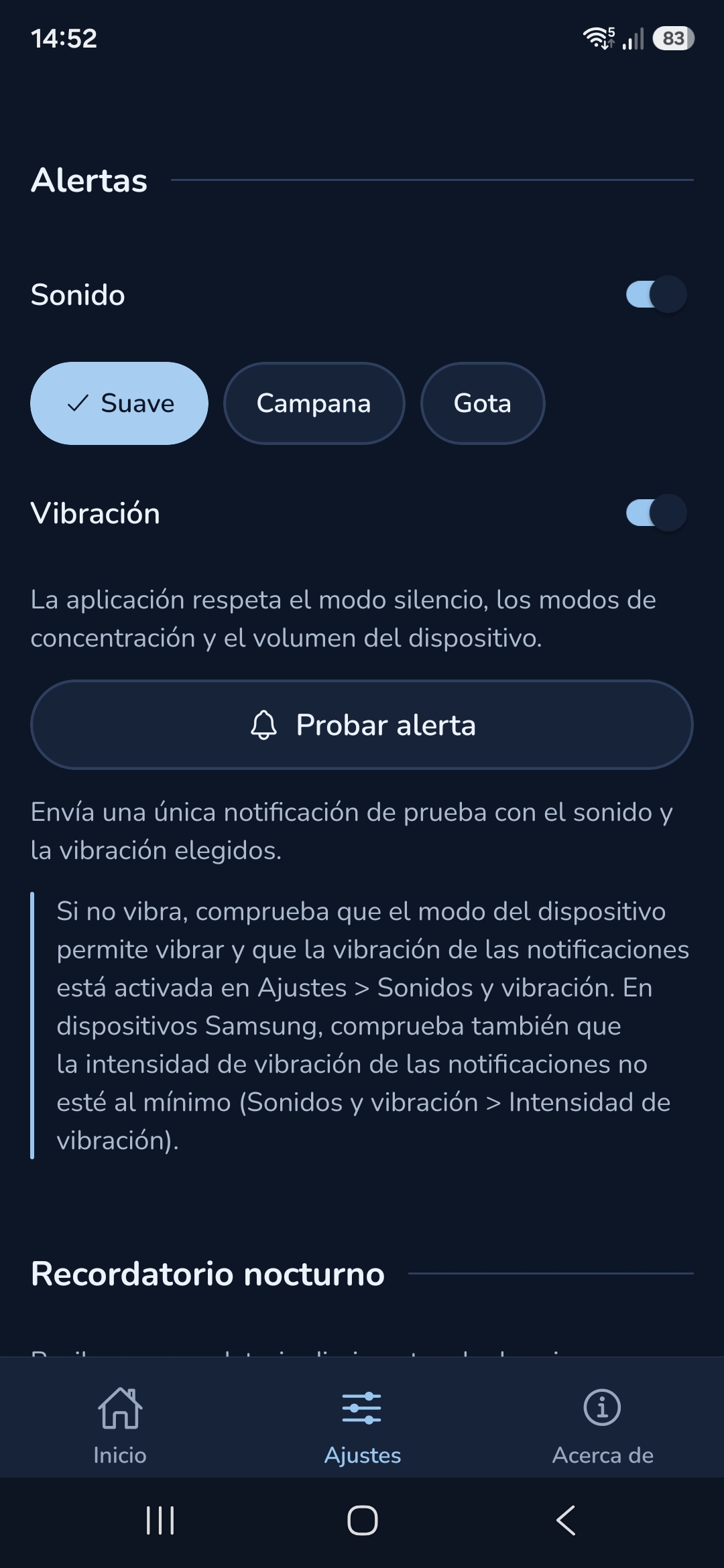 Ajustes de alertas: sonido Suave seleccionado, vibración activada y botón para probar la alerta.