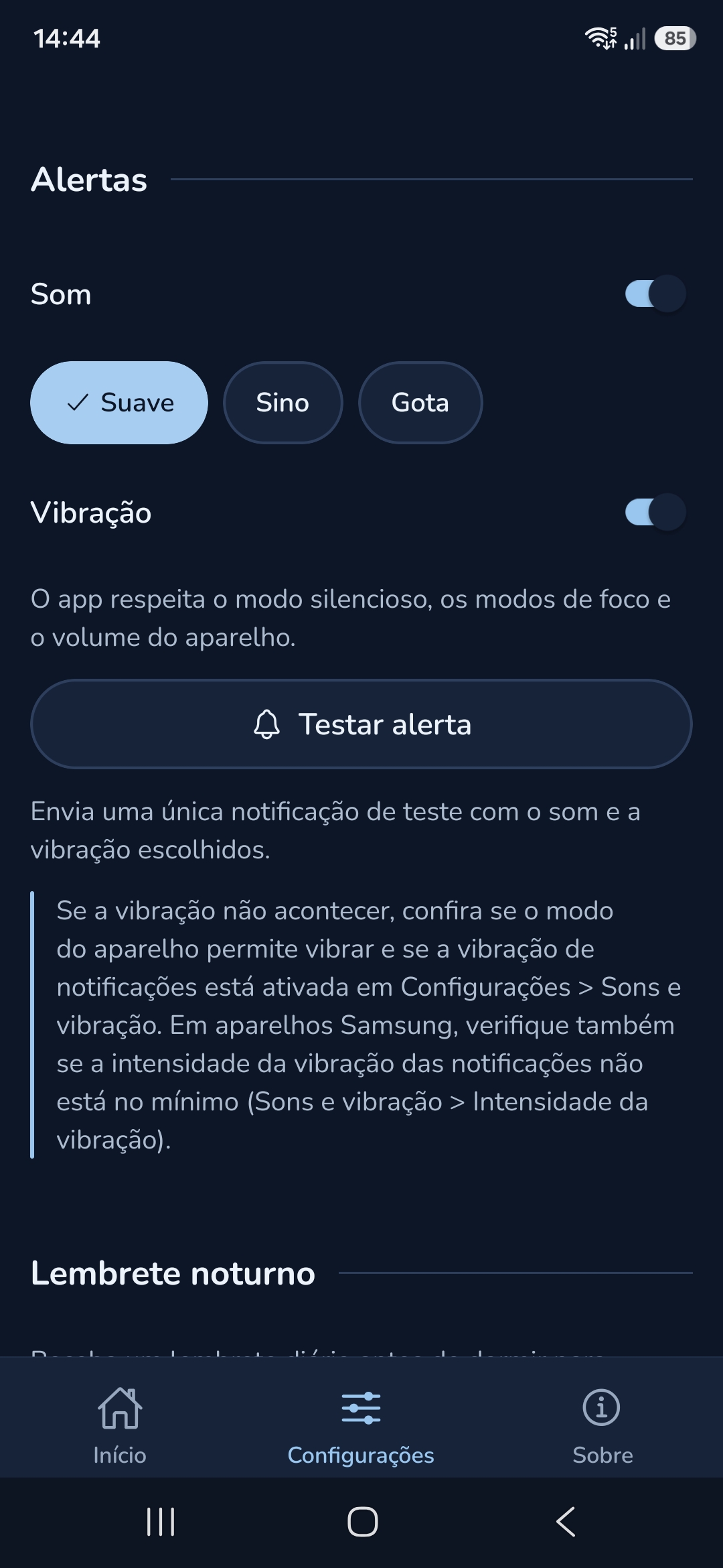 Configurações de alertas: som Suave selecionado, vibração ativada e botão para testar o alerta.