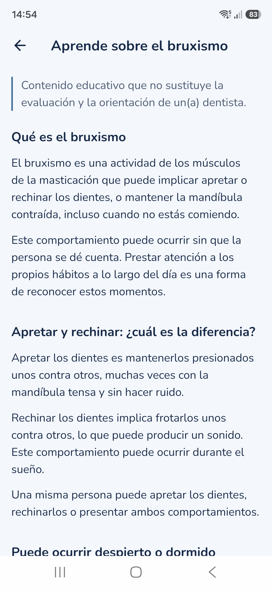 Pantalla Aprende sobre el bruxismo, en el tema claro, con el aviso de contenido educativo y las secciones Qué es el bruxismo y Apretar y rechinar: ¿cuál es la diferencia?