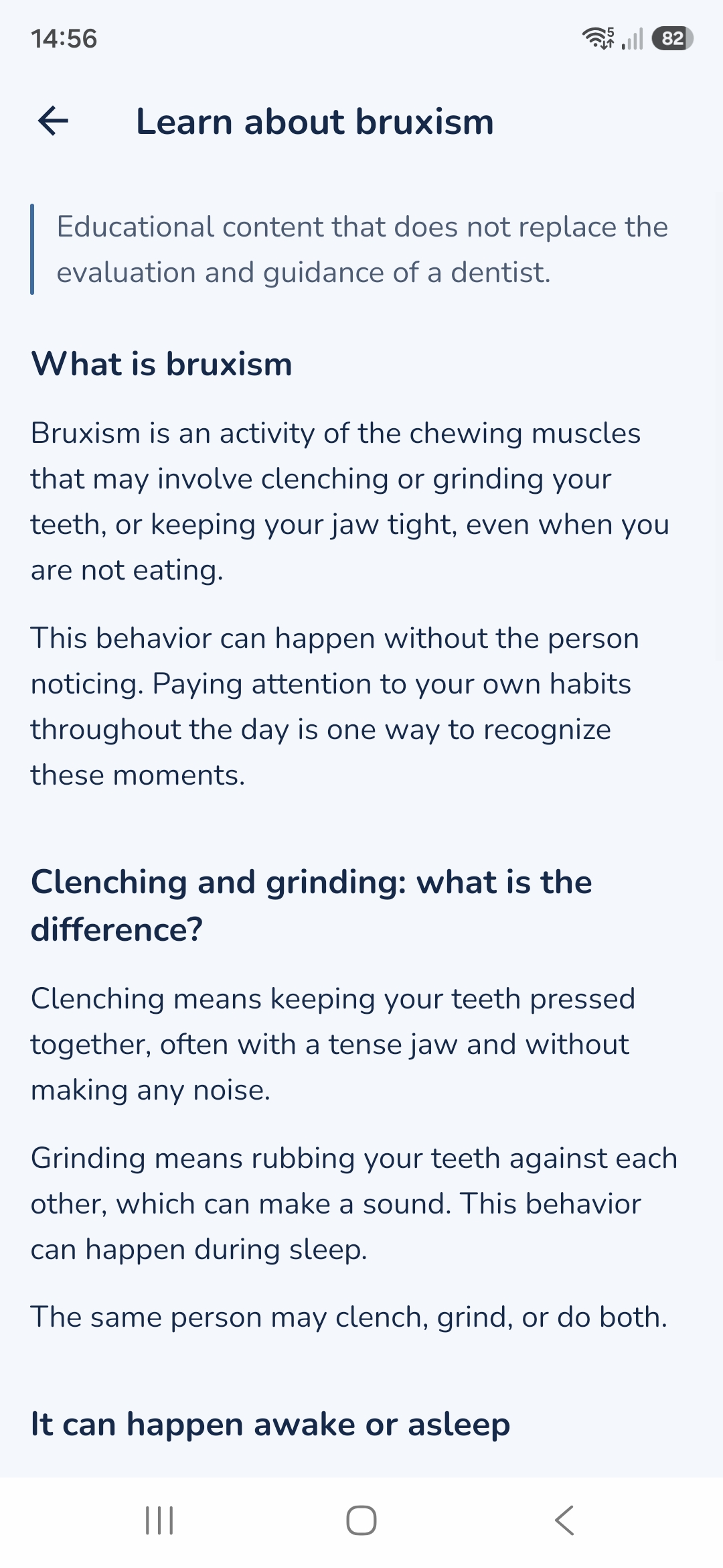Learn about bruxism screen, in the light theme, with the educational content notice and the sections What is bruxism and Clenching and grinding: what is the difference?