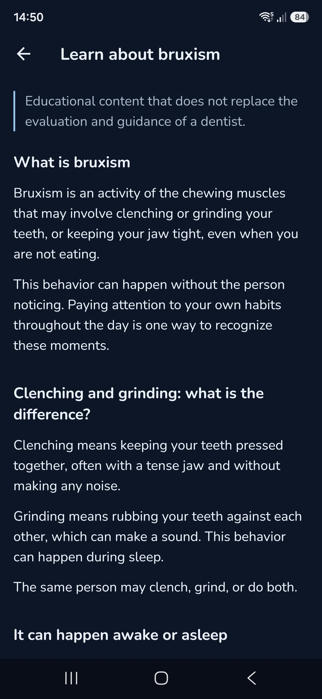Learn about bruxism screen, with the educational content notice and the sections What is bruxism and Clenching and grinding: what is the difference?