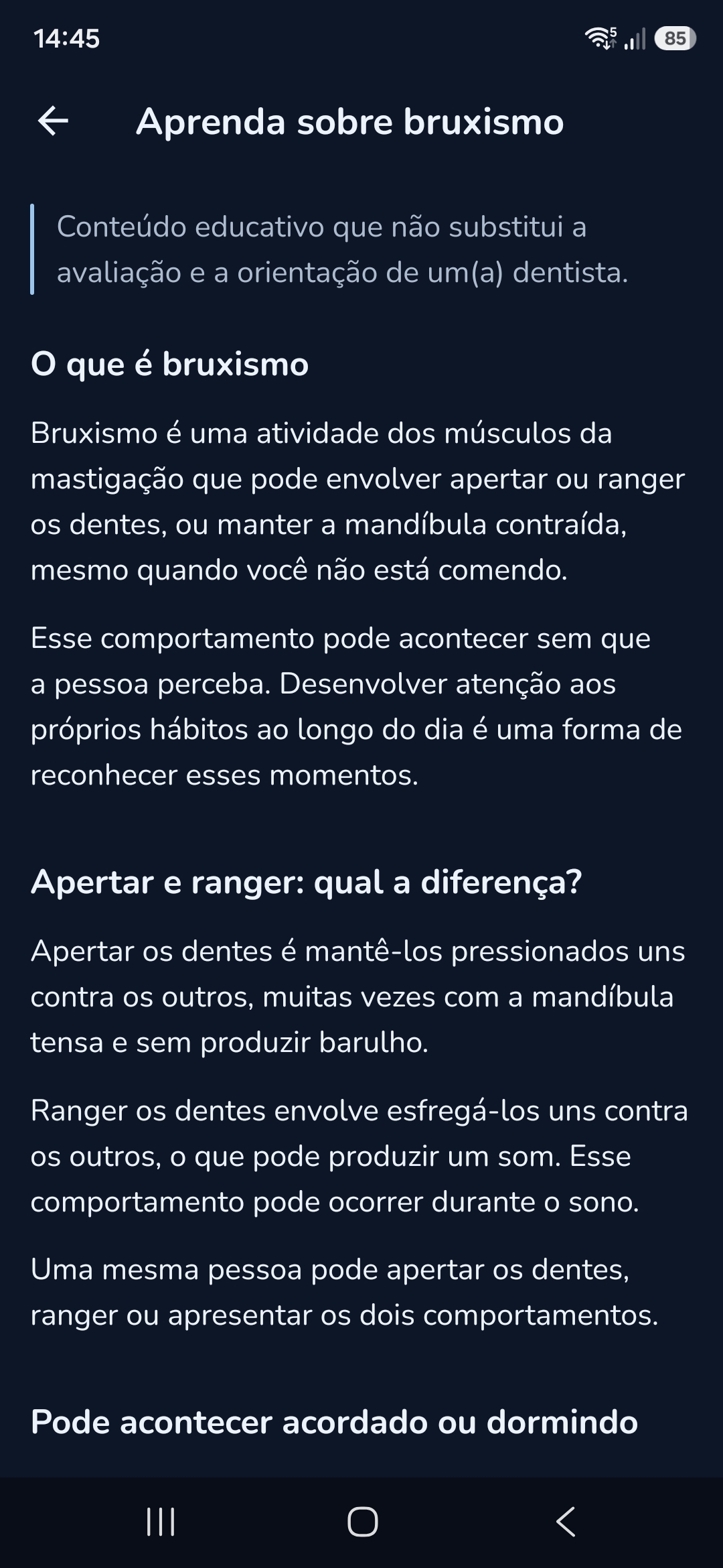 Tela Aprenda sobre bruxismo, com o aviso de conteúdo educativo e as seções O que é bruxismo e Apertar e ranger: qual a diferença?