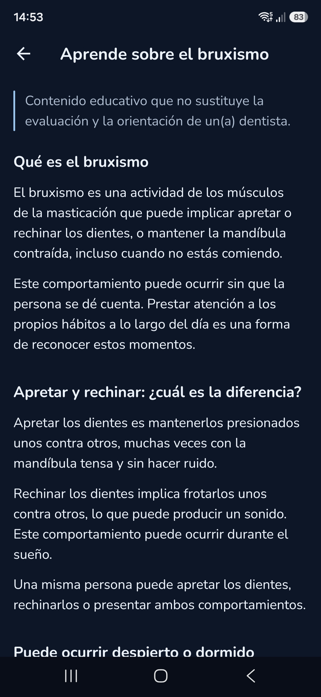 Pantalla Aprende sobre el bruxismo, con el aviso de contenido educativo y las secciones Qué es el bruxismo y Apretar y rechinar: ¿cuál es la diferencia?