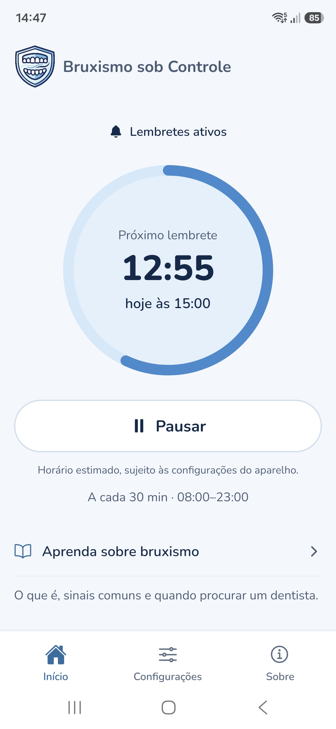 Tela inicial, no tema claro, com os lembretes ativos: próximo lembrete em 12 minutos e 55 segundos, hoje às 15:00. Lembretes a cada 30 minutos, das 08:00 às 23:00.