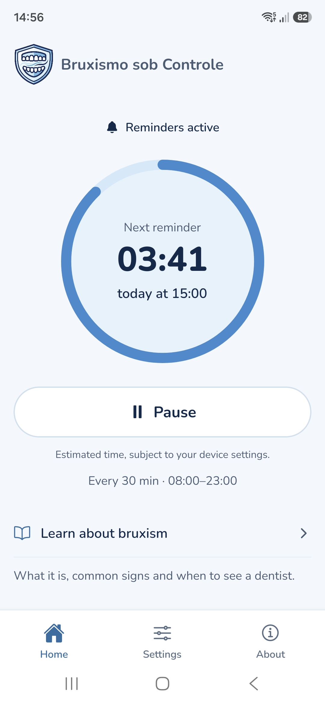 Home screen, in the light theme, with reminders active: next reminder in 3 minutes and 41 seconds, today at 15:00. Reminders every 30 minutes, from 08:00 to 23:00.