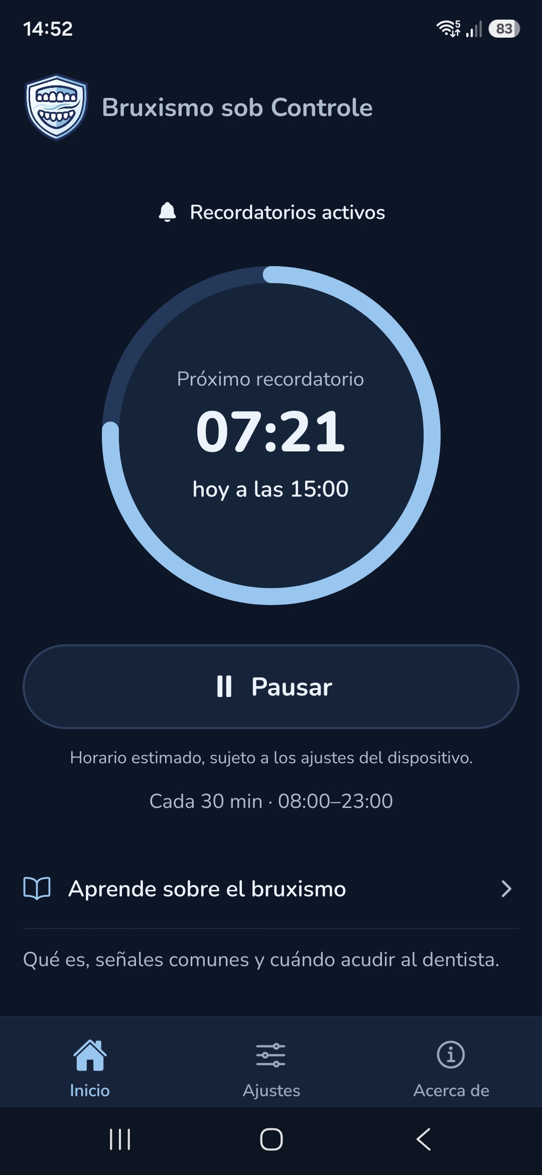 Pantalla de inicio con los recordatorios activos: próximo recordatorio en 7 minutos y 21 segundos, hoy a las 15:00. Recordatorios cada 30 minutos, de 08:00 a 23:00.