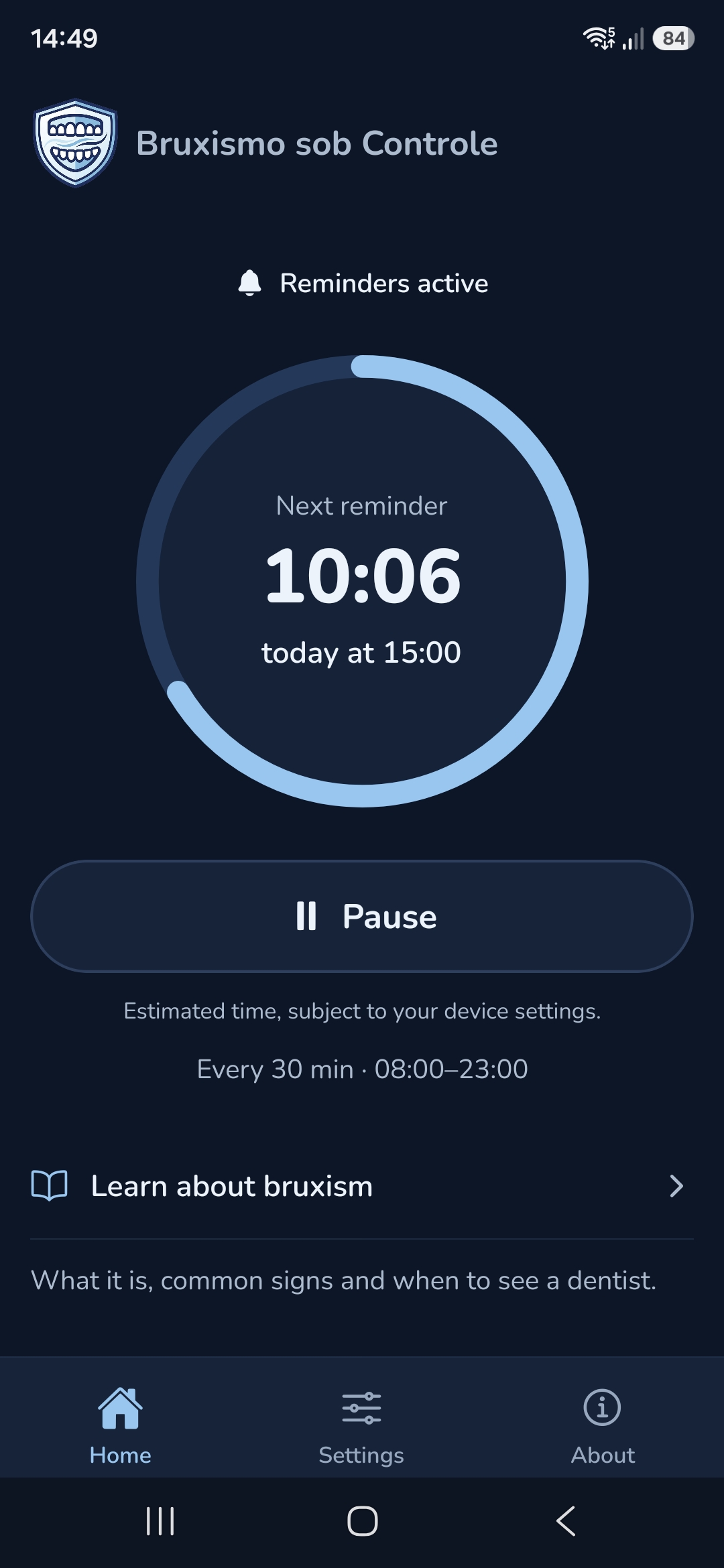 Home screen with reminders active: next reminder in 10 minutes and 6 seconds, today at 15:00. Reminders every 30 minutes, from 08:00 to 23:00.