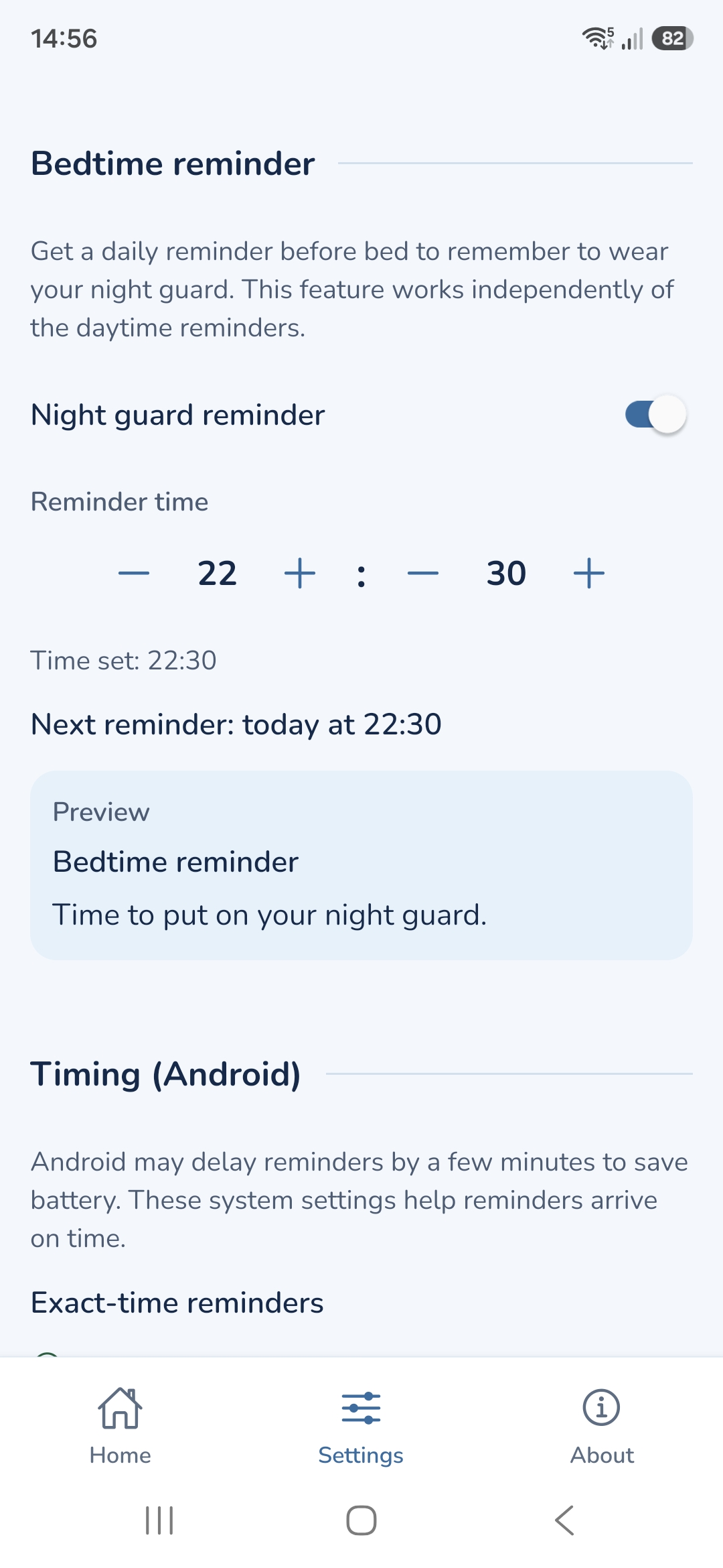 Night guard bedtime reminder, in the light theme, set for 22:30, with a preview of the notification: Bedtime reminder. Time to put on your night guard.