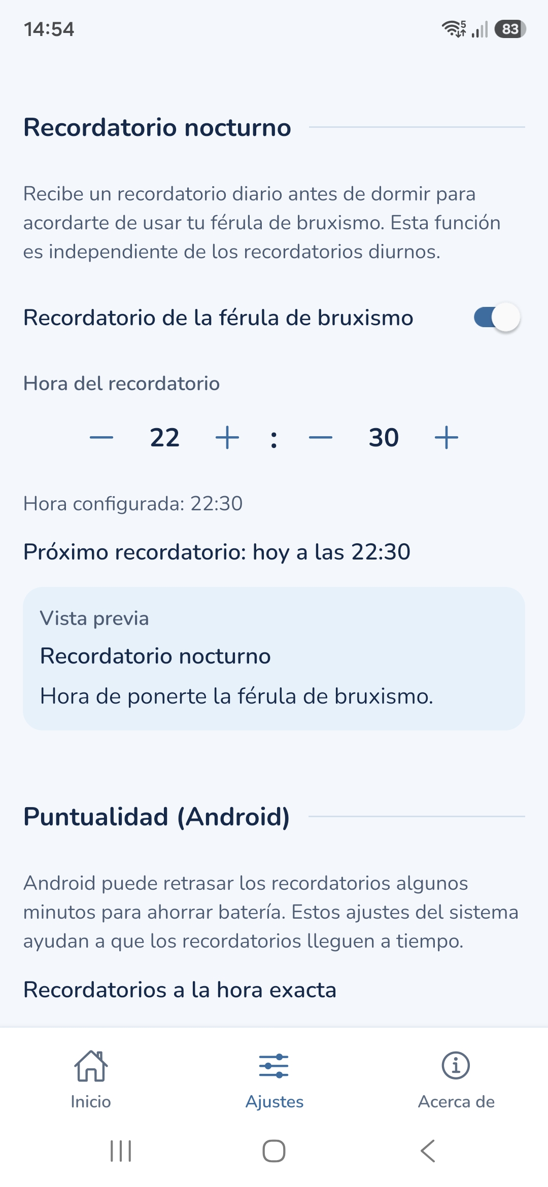 Recordatorio nocturno de la férula de bruxismo, en el tema claro, activado a las 22:30, con la vista previa de la notificación: Recordatorio nocturno. Hora de ponerte la férula de bruxismo.