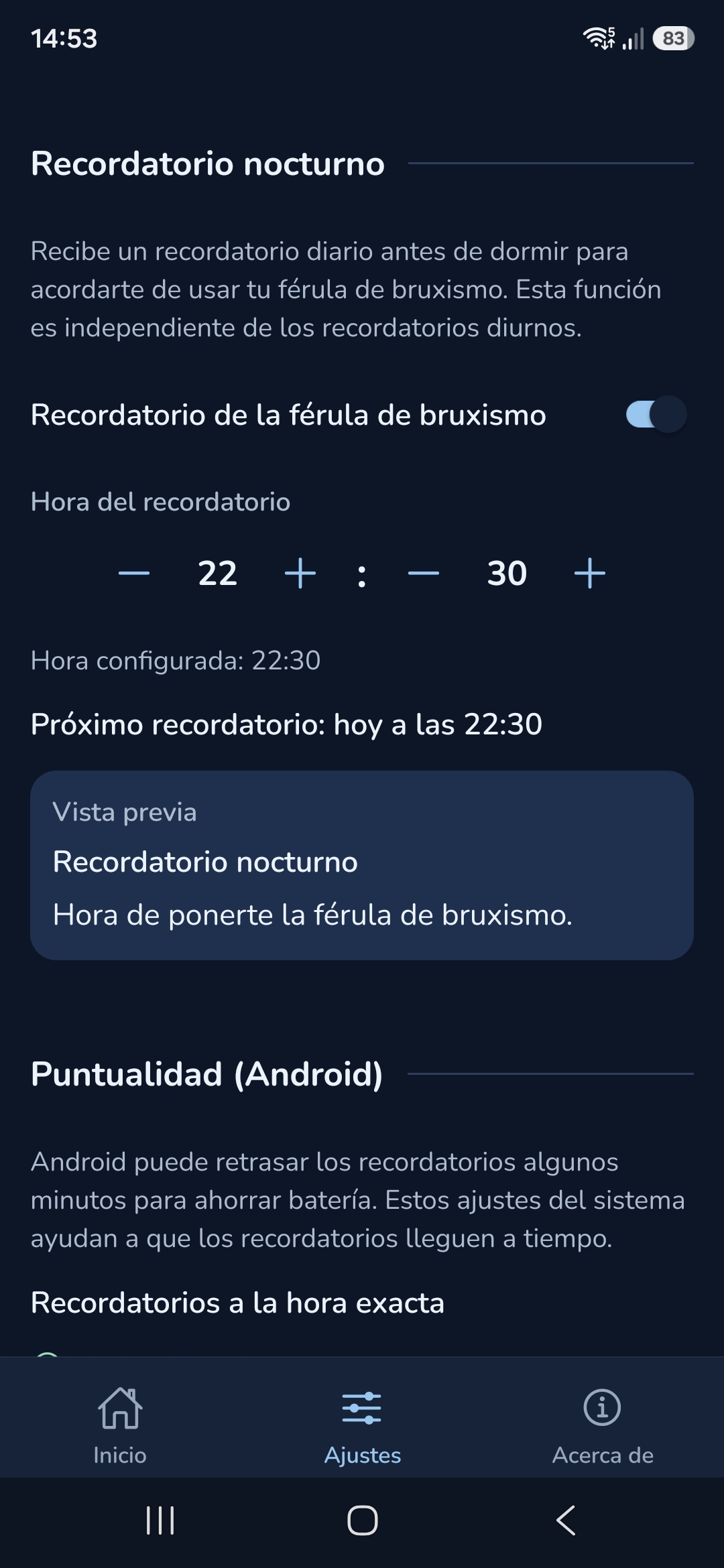 Recordatorio nocturno de la férula de bruxismo activado a las 22:30, con la vista previa de la notificación: Recordatorio nocturno. Hora de ponerte la férula de bruxismo.