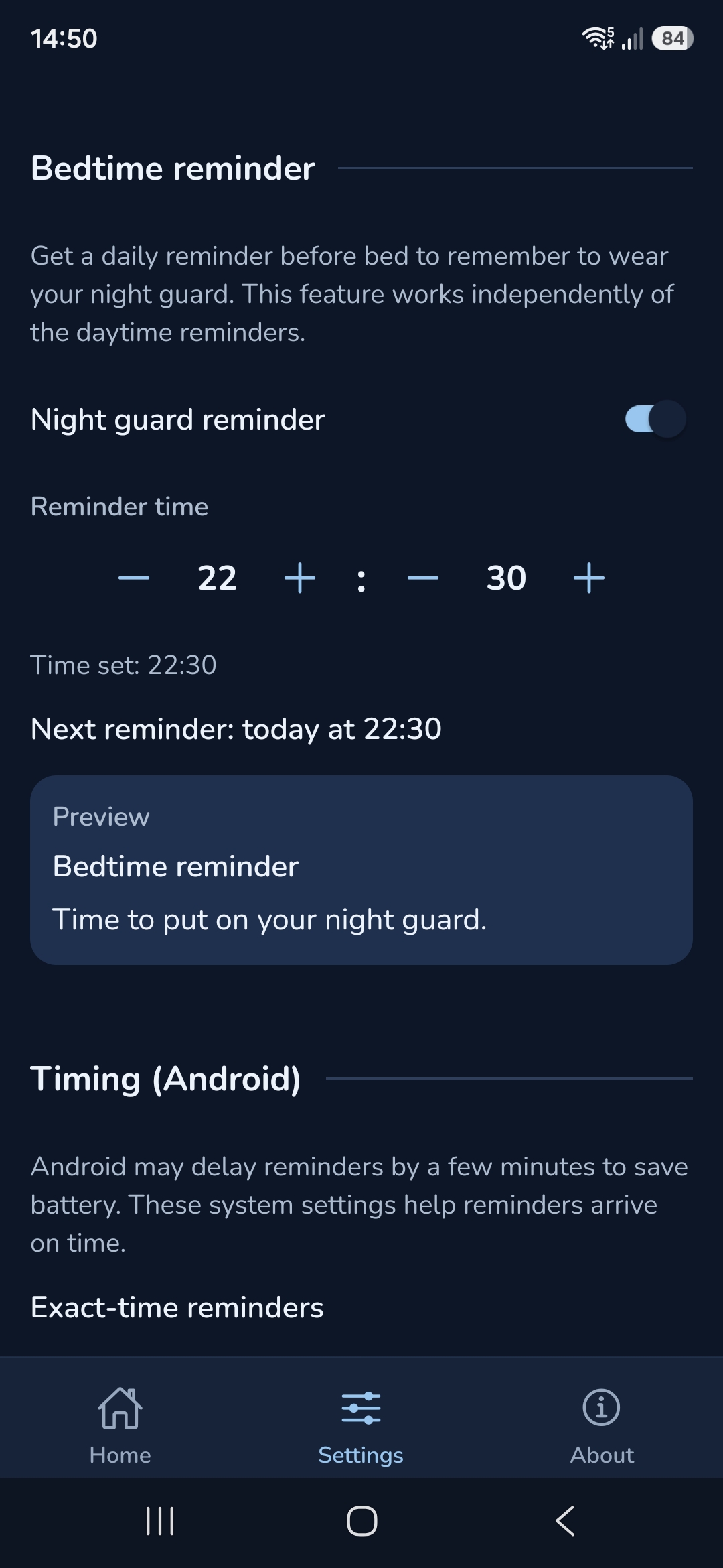 Night guard bedtime reminder set for 22:30, with a preview of the notification: Bedtime reminder. Time to put on your night guard.