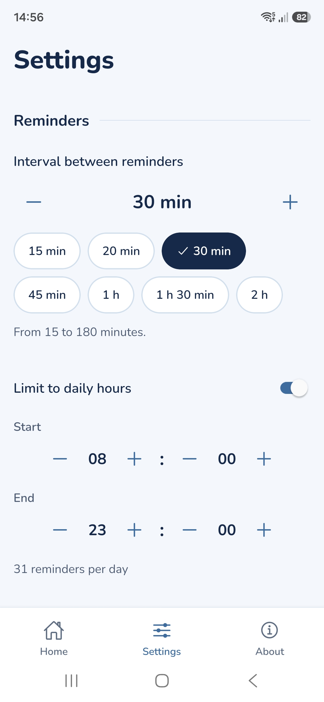 Reminder settings, in the light theme: 30-minute interval, shortcuts from 15 minutes to 2 hours and daily hours from 08:00 to 23:00, with 31 reminders per day.