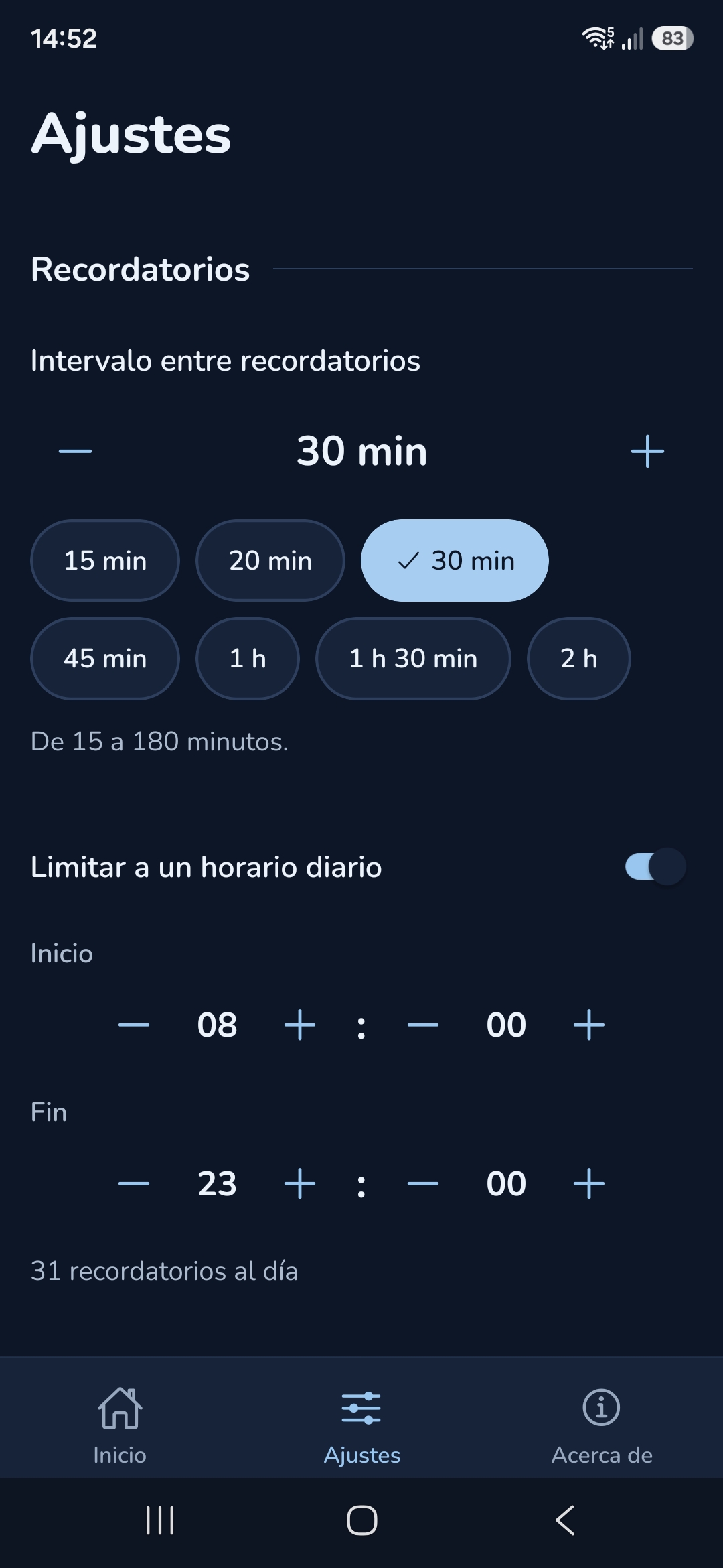 Ajustes de los recordatorios: intervalo de 30 minutos, atajos de 15 minutos a 2 horas y horario diario de 08:00 a 23:00, con 31 recordatorios al día.